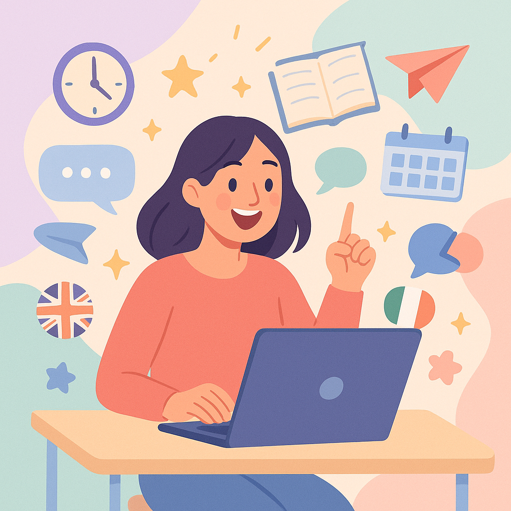 Estudiante sonriente frente a su ordenador, con iconos flotantes de reloj, libro, calendario y banderas de Reino Unido e Italia, simbolizando el inicio del aprendizaje online.