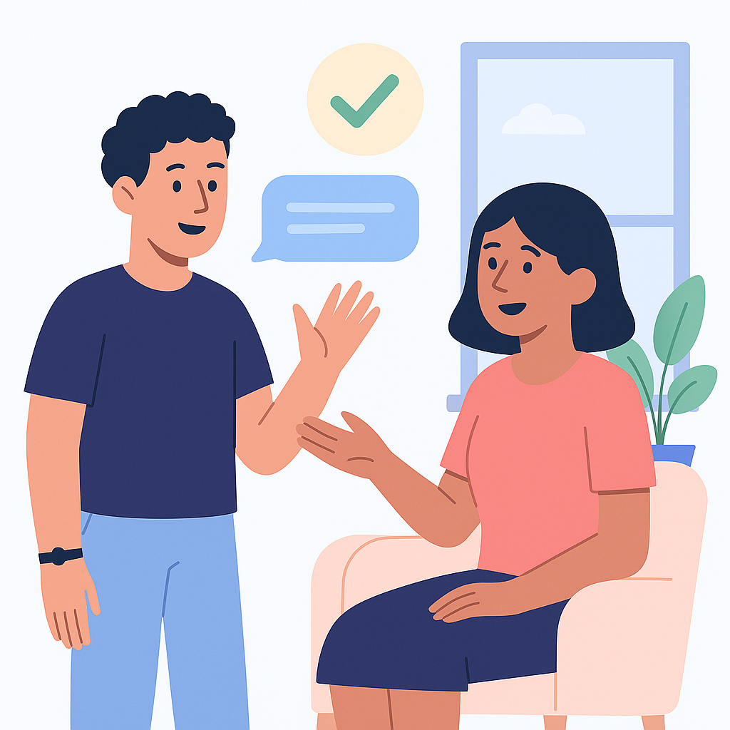 Dos personas conversando animadamente en un entorno relajado con burbujas de diálogo.