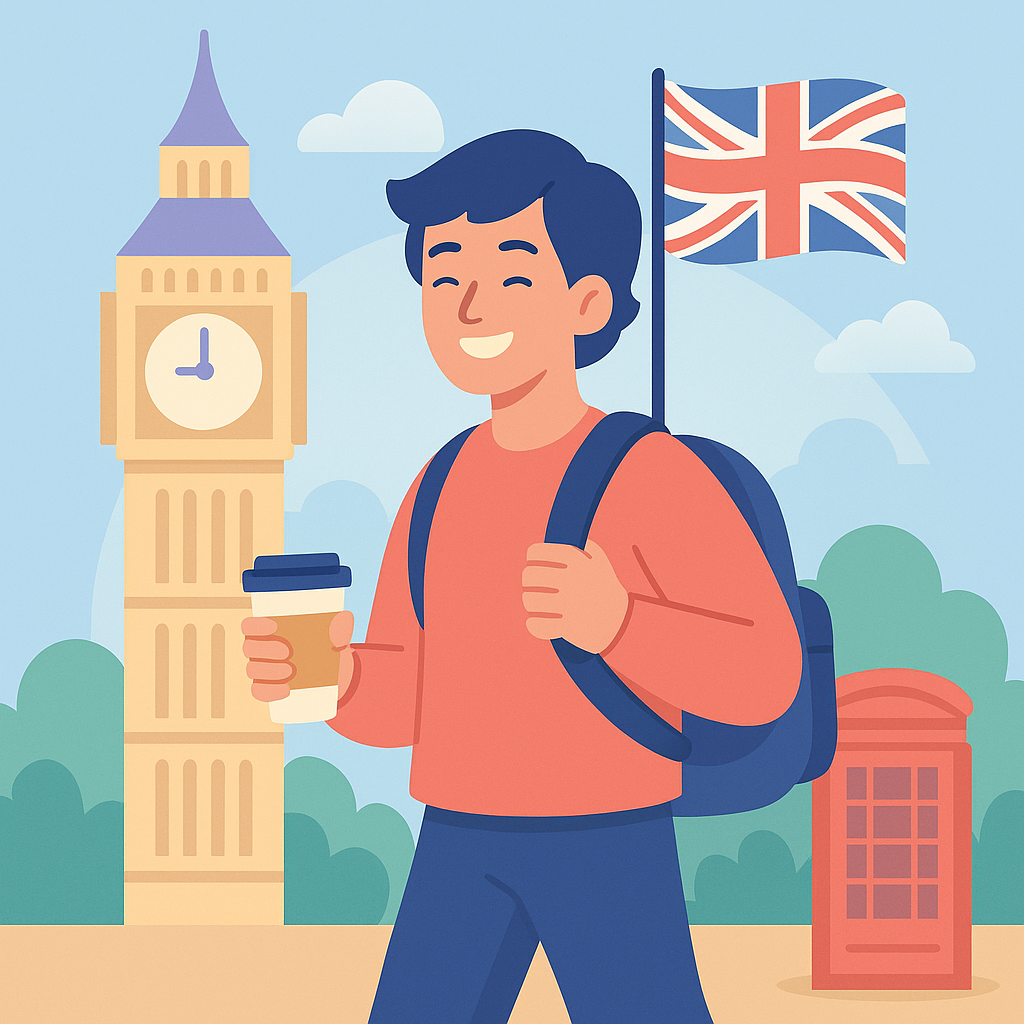 Estudiante caminando por Londres con una taza de café y mochila, símbolo del dominio del inglés.