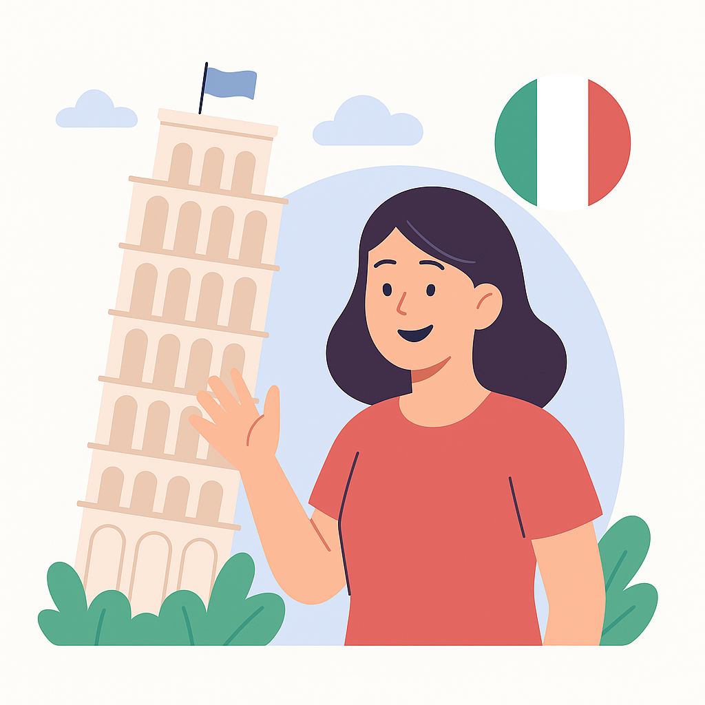 Mujer saludando junto a la Torre de Pisa con la bandera italiana al fondo.
