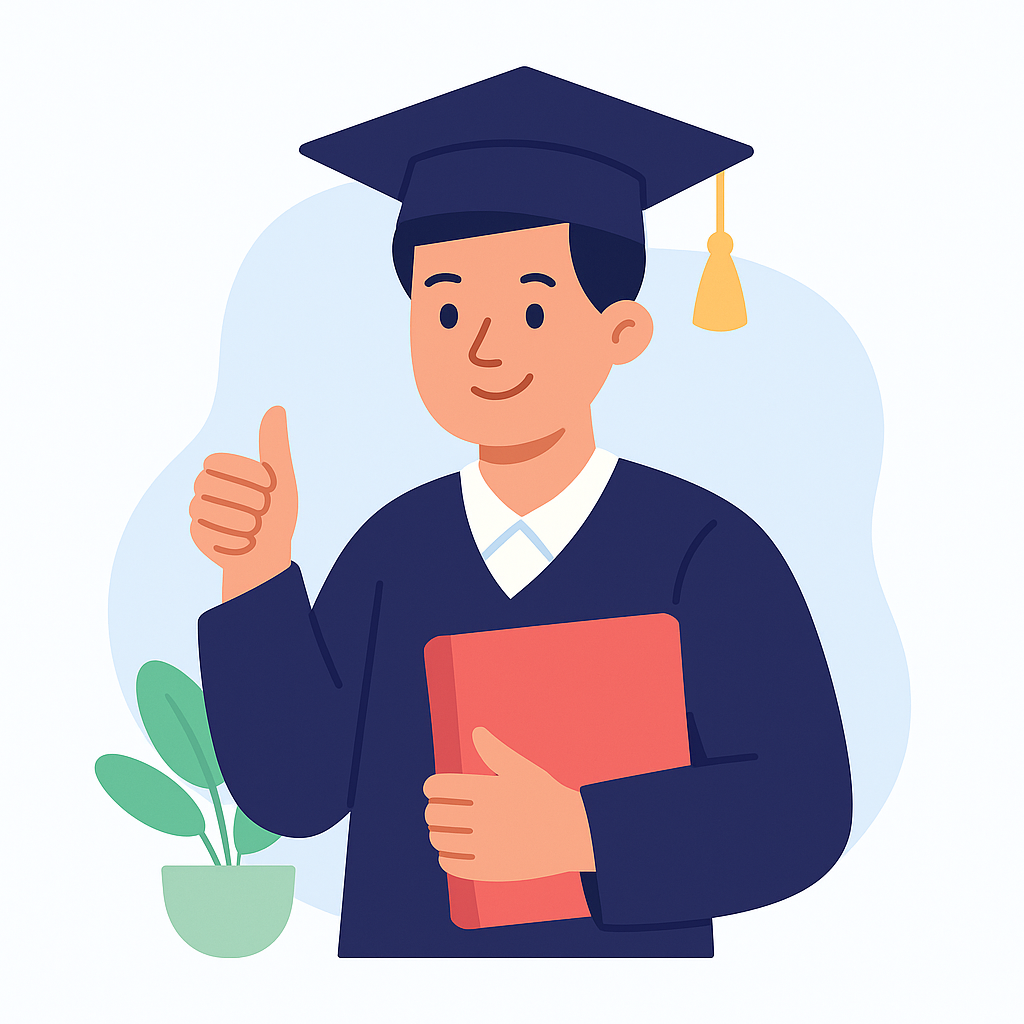 Estudiante graduado sosteniendo una carpeta y haciendo un gesto de aprobación.