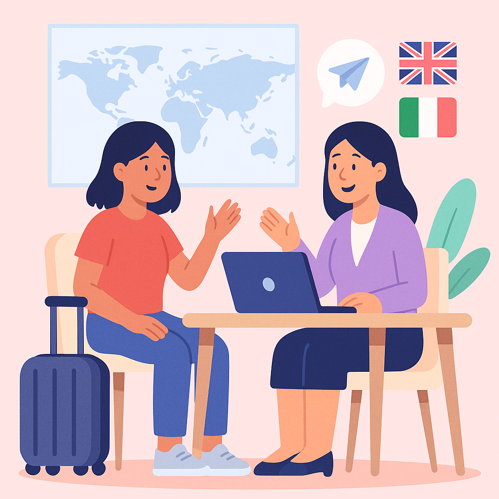 Mujer joven con portátil y maleta hablando con su mentora sobre prácticas en el extranjero, con banderas del Reino Unido e Italia al fondo.