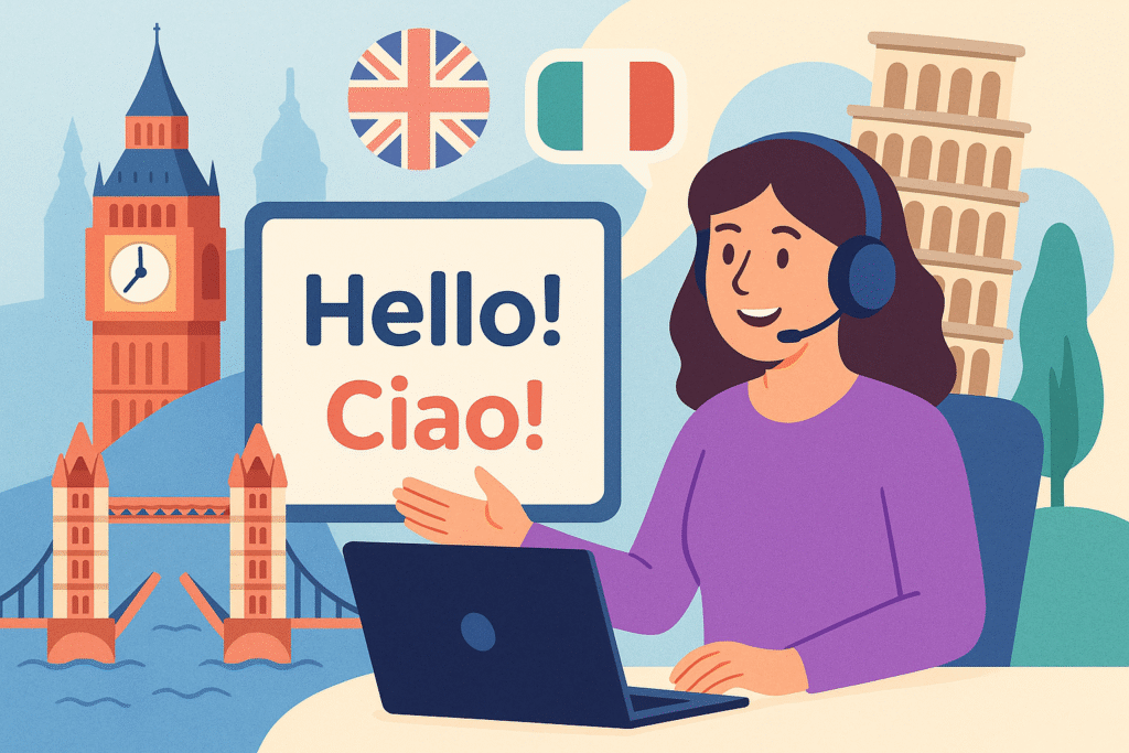 Profesora online enseñando inglés e italiano frente a su ordenador, con Big Ben, el Tower Bridge y la Torre de Pisa al fondo, en una ilustración moderna y color pastel.
