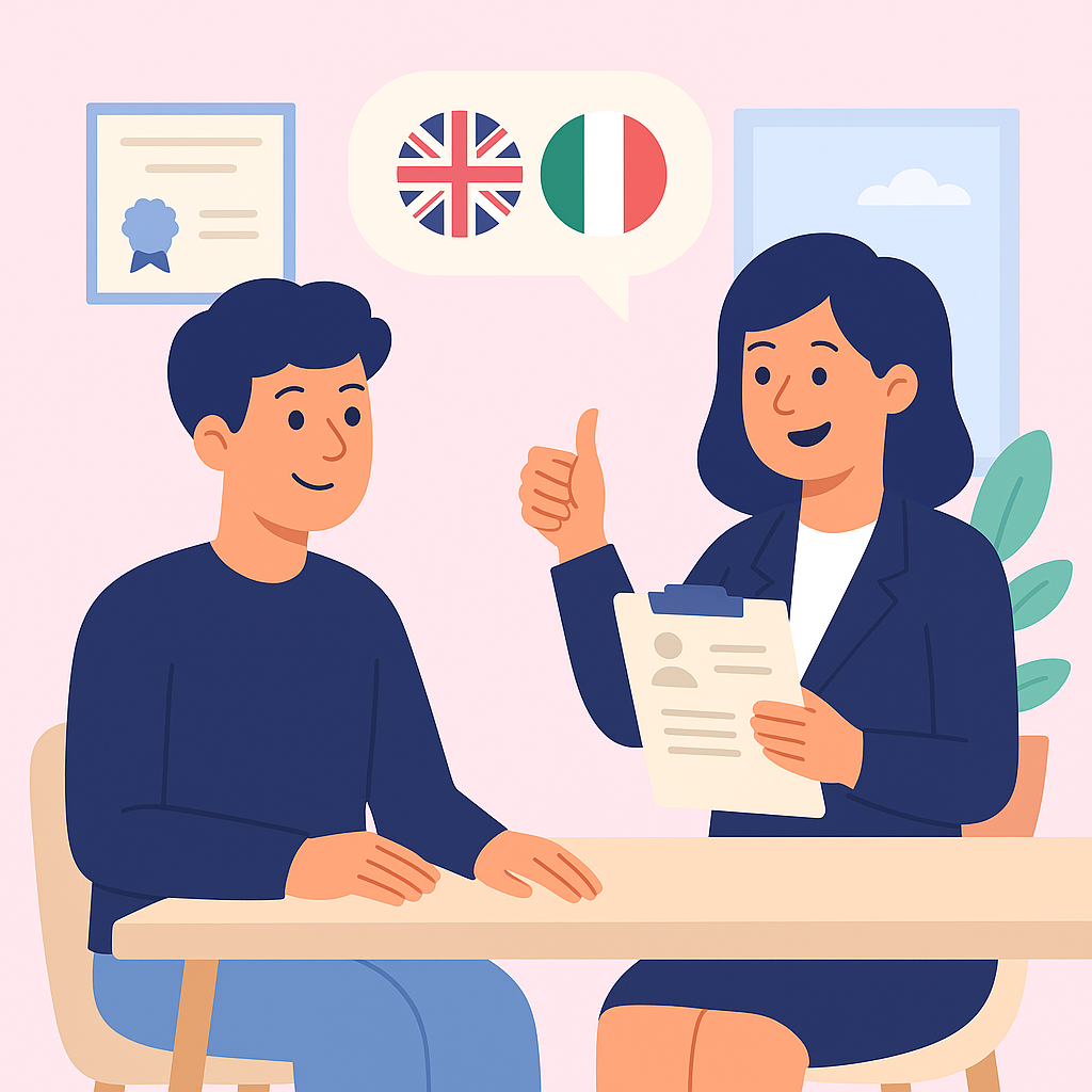 Entrevista de trabajo entre una jefa y un joven candidato, con ordenador, currículum y banderas del Reino Unido e Italia sobre la mesa.