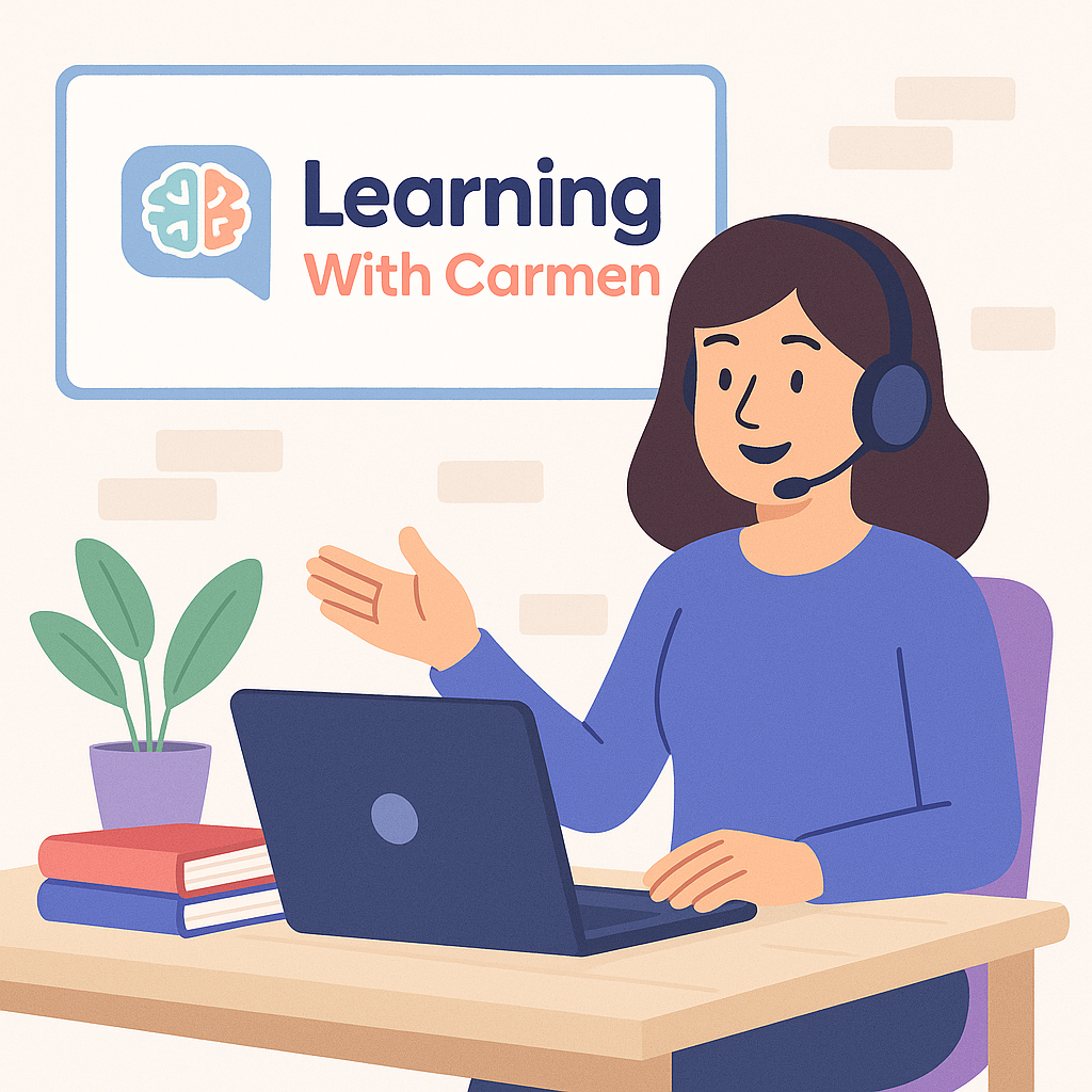 Profesora online sonriendo mientras enseña inglés e italiano a estudiantes por videollamada, con libros, un globo terráqueo y banderas del Reino Unido e Italia al fondo.